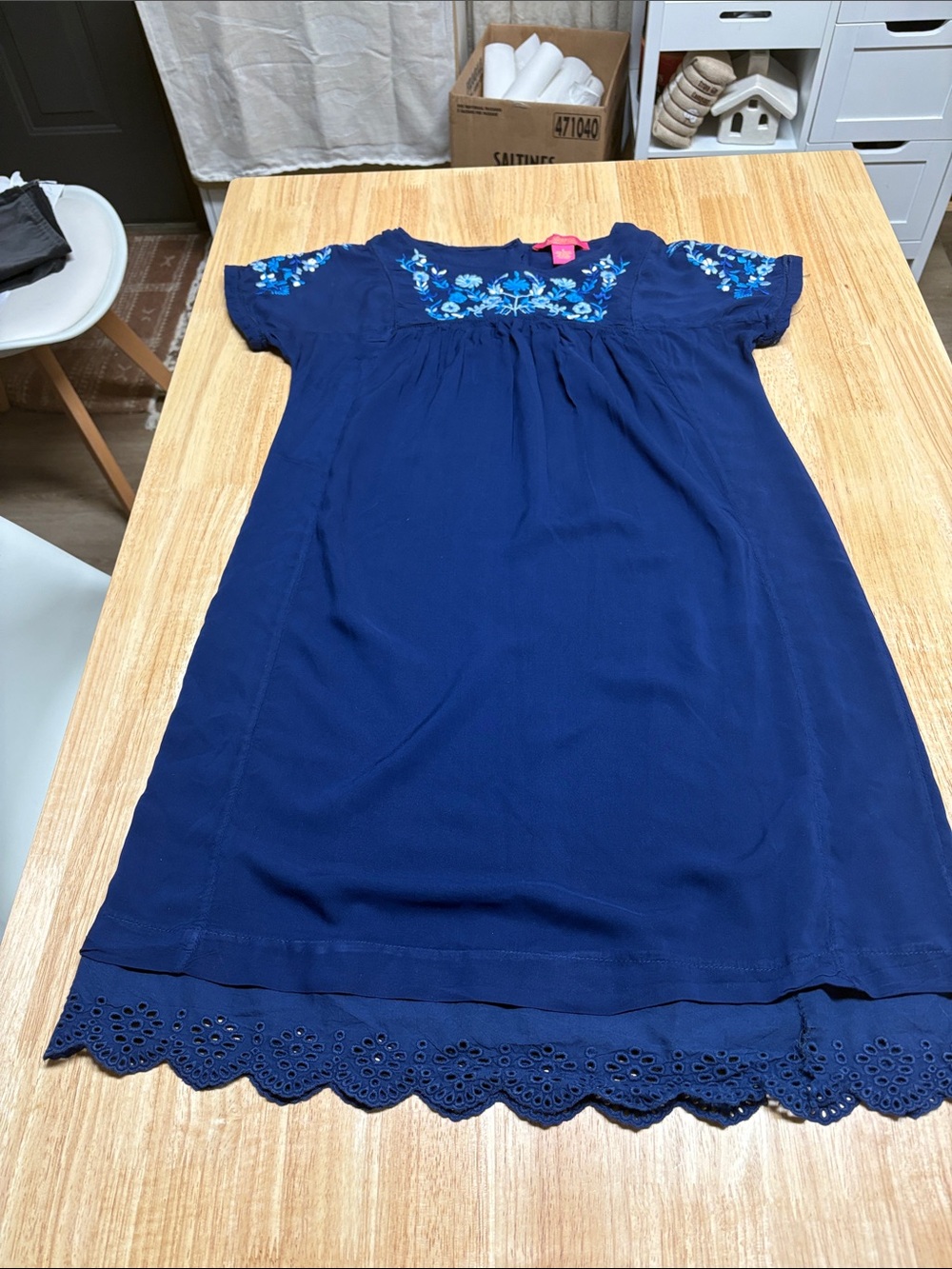 Catherine Malandrino Navy Blue Embroidered Short-Sleeve Dress
